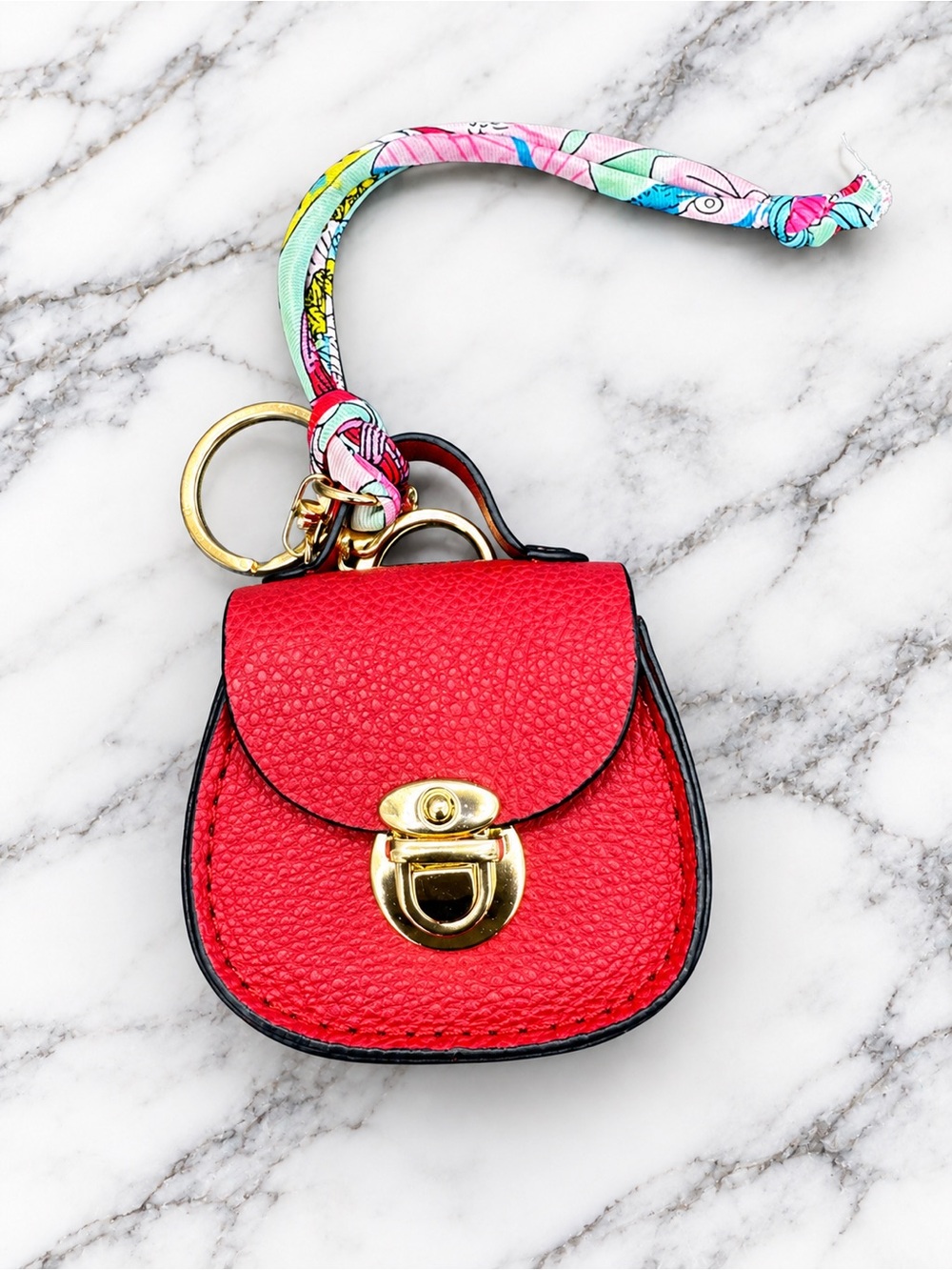 Chic Red Mini Handbag Bag Charm / Key Ring with Twilly Scarf Accent